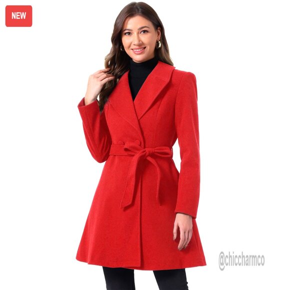 Long Trench Coat with Shawl Lapel Single Breasted Belted Wool Blend